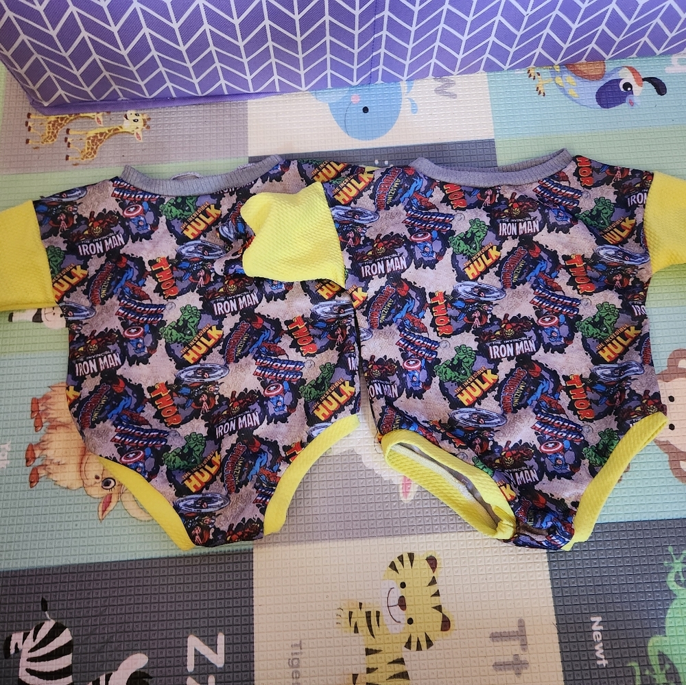 Superhero sweater rompers for twins